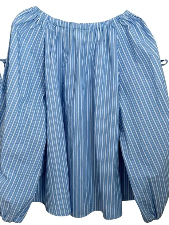 Off Shoulder Top XL Blue White Striped Ties Split Balloon Sleeve Beachy Coastal - Picture 4 of 8